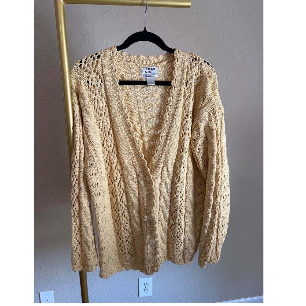 London Fog VTG Women's Silk Cotton Cable Knit Cardigan Butter Yellow L Grandpa